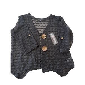 NWT Nina Leonard Net Layered Black Blouse with 2 Large Wooden buttons